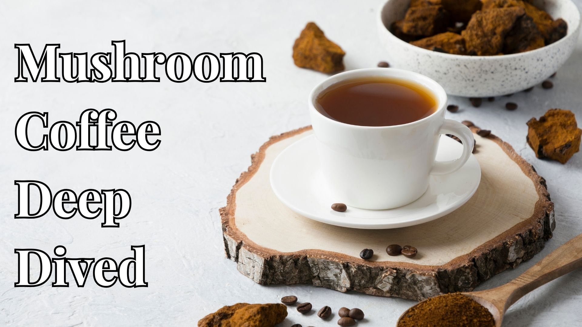 banner of porcelain coffee mug sitting atop a tree plate surrounded by ground mushroom