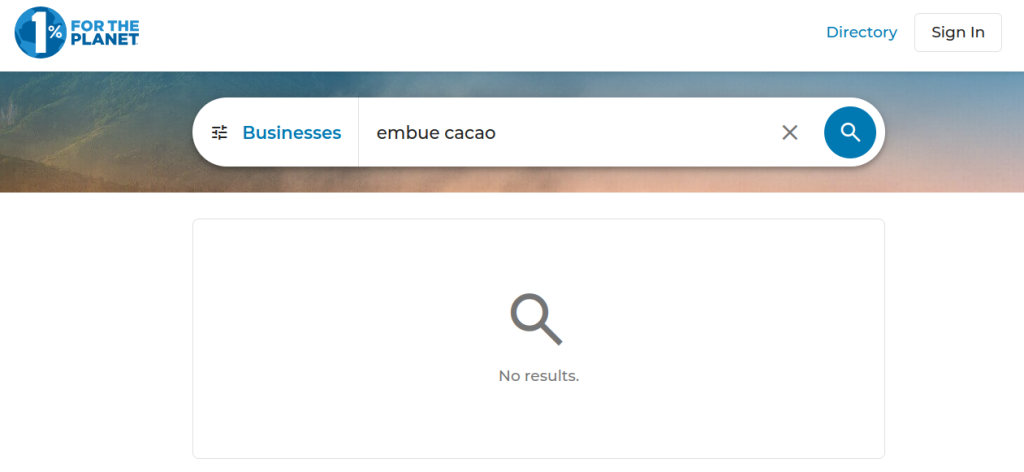screenshot showing empty search results for embue cacao